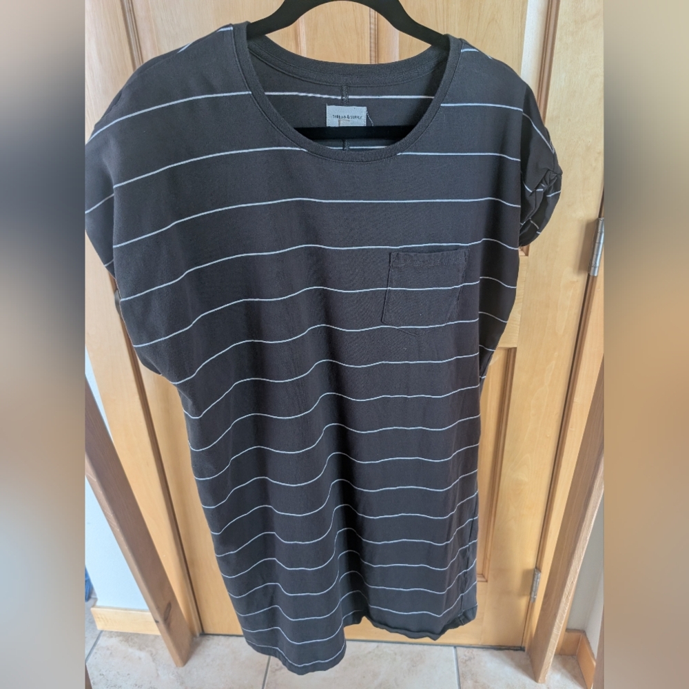Thread & Supply Charcoal T-shirt Dress with White Accent Stripes